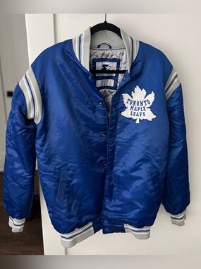 STARTER Blue and White Toronto Maple Leafs Satin-Style Jacket